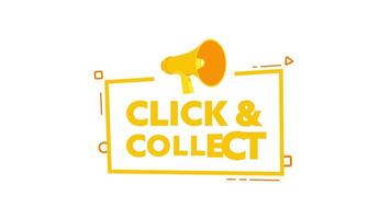 Click and collect animation with megaphone on white and blue background video