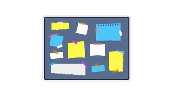 Bulletin board with various colored sticky notes and torn paper sheets on white and green screen video