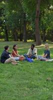 A group of people are sitting on the grass in the park. They are talking and smiling. photo