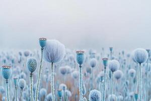 Frost-covered poppies create a stunning winter landscape in a serene field at dawn photo