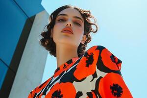 Model poses confidently against a modern building in a vibrant floral print outfit under a clear blue sky photo