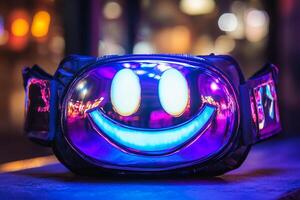 Colorful smiley face belt bag illuminated at night in an urban setting with vibrant lights in the background photo
