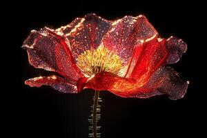 Bright red flower with shimmering petals illuminated against a dark background for artistic effect photo