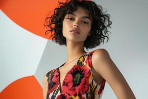 Model poses in colorful floral dress against abstract background in a bright indoor setting during a fashion shoot photo