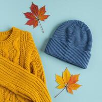 A sweater, a hat and a pair of autumn leaves photo