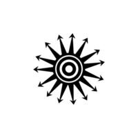 Black abstract sun symbol with radiating arrows and a central circle representing energy or direction vector