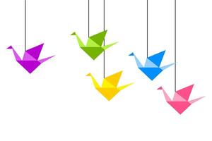 Colorful origami cranes suspended from strings create a whimsical and artistic display in a cheerful setting vector