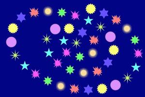 Colorful stars and shapes create a playful design against a deep blue background in a vibrant pattern vector