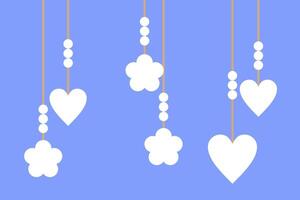 Decorative hanging hearts and flowers create a playful atmosphere with bright blue background and simple design elements vector