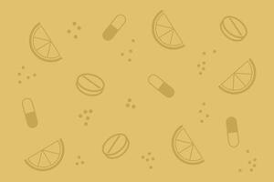 Bright yellow background filled with slices of citrus fruits and various pills scattered playfully throughout the design vector