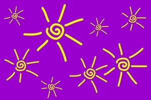 Colorful sun patterns on purple background evoke joyful summer vibes in a playful design vector