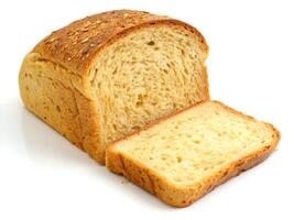 A loaf of golden brown bread with sesame seeds partially sliced showcasing its soft crumb and crust texture against a bright white background photo