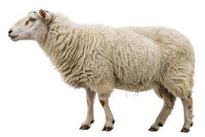 A profile view of a fluffy white sheep isolated on a white background photo