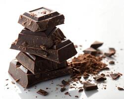 Stack of dark chocolate pieces and cocoa powder isolated on white background photo