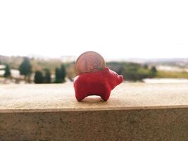 Conceptual image representing savings and investment. A small, red piggy bank holds a coin against a blurred, natural backdrop. Ideal for finance and growth concepts. photo