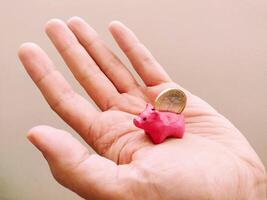 Hand holding a small pink piggy bank with a coin. Concept for saving, investment, finance, and childhood. Good for illustrating financial literacy. photo