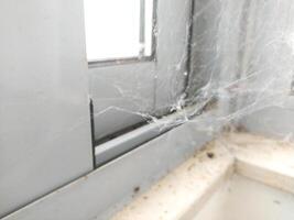 Cobweb detail in a window frame, evoking neglect, decay, or Halloween. Use for themes of abandonment, time passing, or spooky stories. Closeup, textured. photo