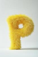 A bright yellow fluffy letter P creates a cheerful focal point against a pristine white background, showcasing its soft texture and vivid hue photo
