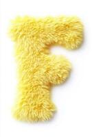 The bright yellow fluffy letter F stands out vividly against a crisp white background, adding a fun and playful touch to any setting photo