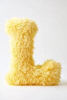 A vibrant and fluffy yellow letter L stands out against a white background, showcasing its soft texture and playful design photo