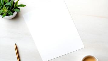 A pure white sheet lies on a textured light wooden surface beside a small green plant and a cup of coffee, creating a serene workspace setting photo