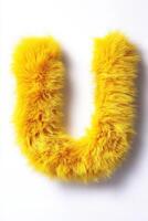 A vibrant yellow fluffy letter U stands out against a pure white background, perfect for creative decorations or gifts photo