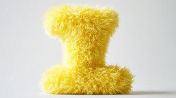 Bright yellow fluffy letter I stands out against a clean white background, adding charm and whimsy to the decor or design elements photo