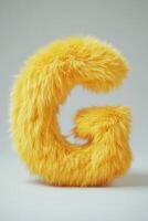 Bright yellow fluffy letter G stands out on a clean white background, highlighting its playful and soft appearance, inviting curiosity photo