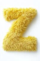 A bright yellow letter Z made from fluffy fur rests on a clean white background, adding a playful touch to the setting photo