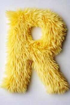 Bright yellow fluffy letter R stands out against a pure white background, adding a playful touch to any decor or design project photo