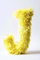 Bright yellow fluffy letter J stands upright against a pure white background, highlighting its playful texture and color photo