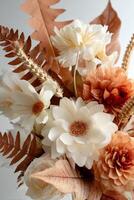 Delicate watercolor botanicals showcase a blend of soft flowers and warm-toned leaves, highlighting artistic floral arrangements in peaceful colors photo