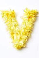 Vibrant yellow letter V crafted from soft, fluffy fur stands out against a bright white background, creating a playful and cheerful aesthetic photo