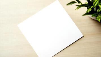 Overhead view features a flat, pristine white paper placed on a light wood surface, complemented by vibrant green plant leaves photo