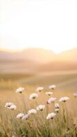 Delicate white flowers rise from warm desert dunes as the sun gently illuminates the landscape, creating a serene atmosphere photo