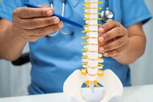 Doctor with lumbar vertebra bone skeleton and nerve model for treatment in photo