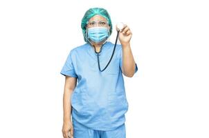 doctor wearing face shield and PPE suit new normal on white background with clipping path to check patient protect safety infection Covid-19 Coronavirus outbreak at quarantine nursing hospital. photo