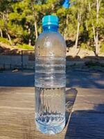 A plastic water bottle, filled halfway, rests on a wooden surface, where sunlight and shadows play. This interaction creates a captivating visual narrative, showcasing the enchanting beauty of nature. photo