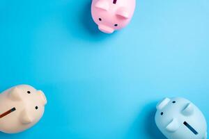 The piggy banks look with interest at the center of the copy space. Attracting investors. Diversification of savings. Attracting attention to financial opportunities. Wealth building photo
