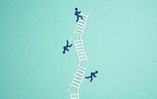 Ladders fall with people. Concept of business or agreement collapse. Mission failure, group collapse and disintegration. Unfair competition hurts business. Organizational failure, competitive sabotage photo