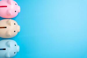 Three Piggy Banks and Copy Space. Save on discounts in shopping. Savings and diversification. Financial literacy and security. photo