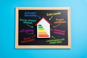 House with a scale of efficiency and criteria for achieving the best result. Smart home improvements. Achieving top ratings on efficiency scales. Cost savings and environmental responsibility. photo