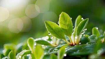 Close-up of a new leaf sprouting from a branch, morning light, blurred nature background photo