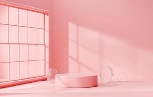 3D rendering abstract pink platform podium product presentation with window light background photo