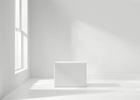 Minimal Modern White Cube Podium Platform For Product Display Showcase 3D Rendering With Window photo