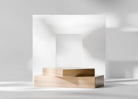 Wooden square minimal platform podium for advertising product display background 3d rendering photo