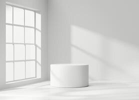Minimal Modern White Cylinder Podium Platform For Product Display Showcase 3D Rendering With Window photo
