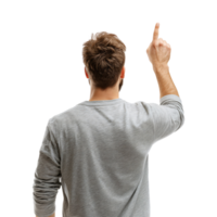 Back view of man seen from behind raising hand pointing upward with index finger isolated on transparent background png