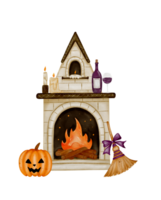 Cozy Halloween fireplace adorned with a pumpkin, broom, and candles creating a spooky atmosphere png