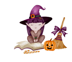 Enchanting witch reading spells beside a carved pumpkin in a cozy Halloween atmosphere png
